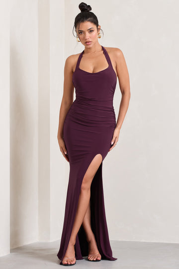 Idol Burgundy Halter-Neck Split Maxi Dress